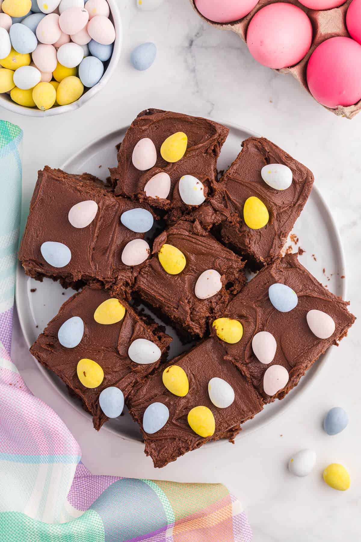 A plate of Easter Mini Egg Brownies.