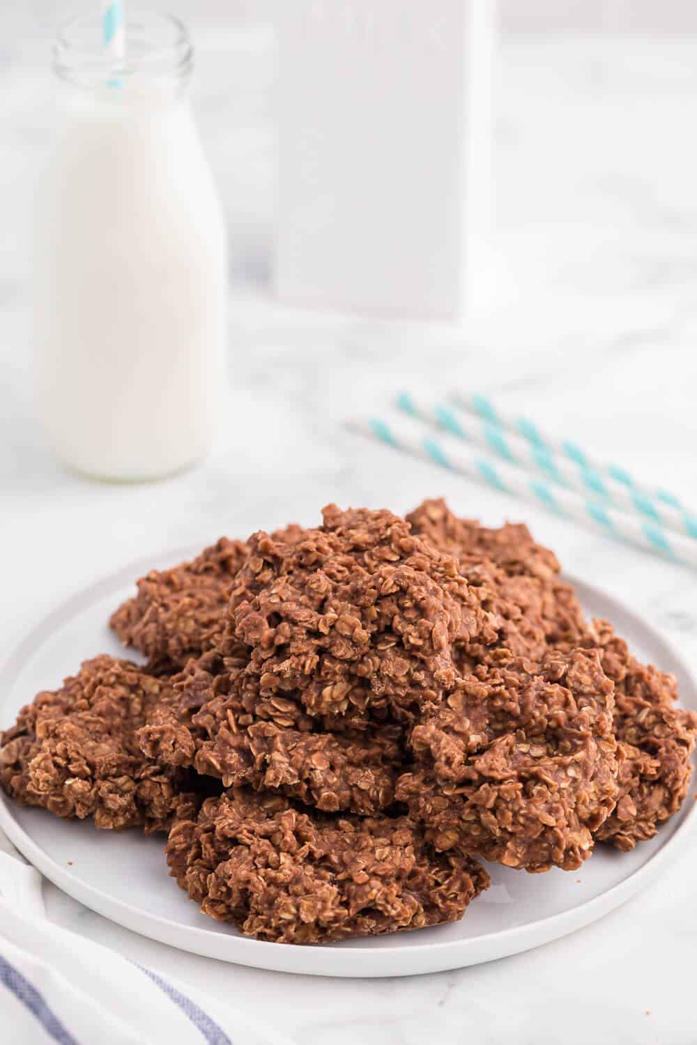 no bake chocolate peanut butter cookies on a white plate