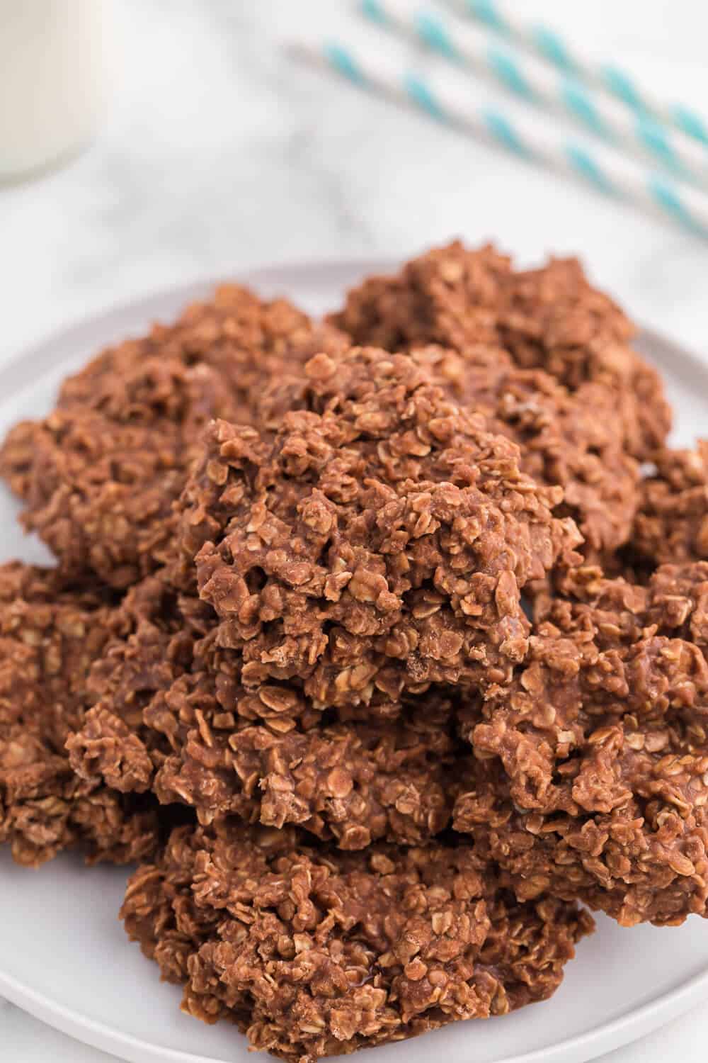 no bake chocolate peanut butter cookies on a white plate