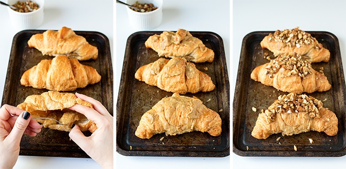 Sticky Banana Croissants with Crushed Nuts - Flaky croissants stuffed with bananas and brown sugar frangipane, then topped with honey-coated nuts. The best Sunday breakfast!