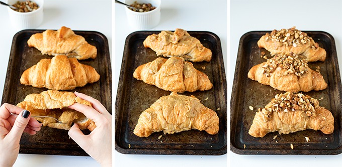 Steps to make sticky banana croissants.