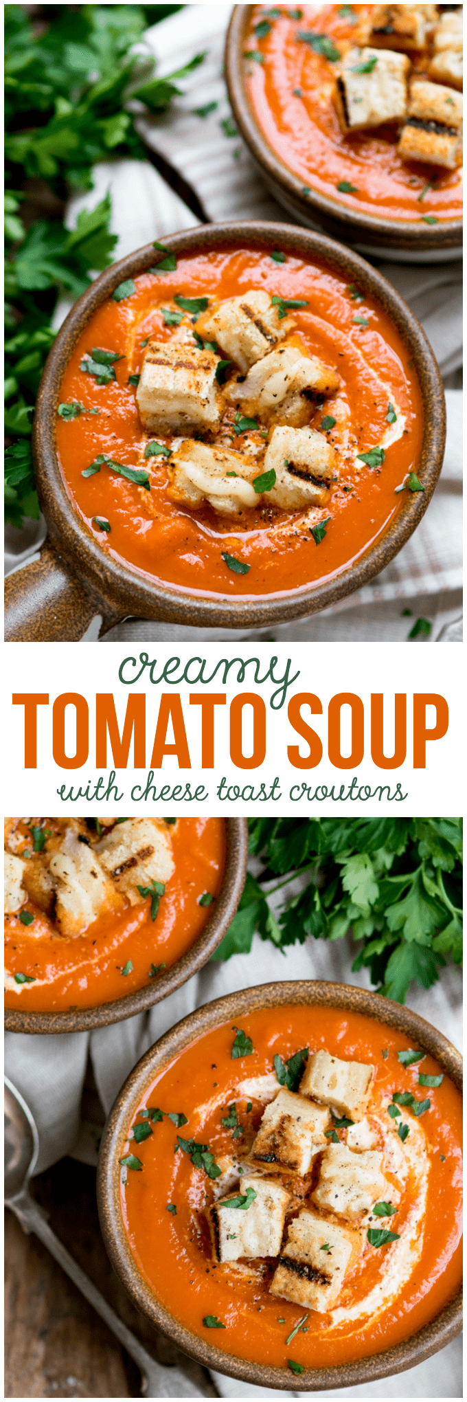 Creamy Tomato Soup with Cheese Toast Croutons - Add grilled cheese to your homemade tomato soup tonight! These cheesy, crispy croutons are the perfect topping to this creamy, comforting soup recipe.