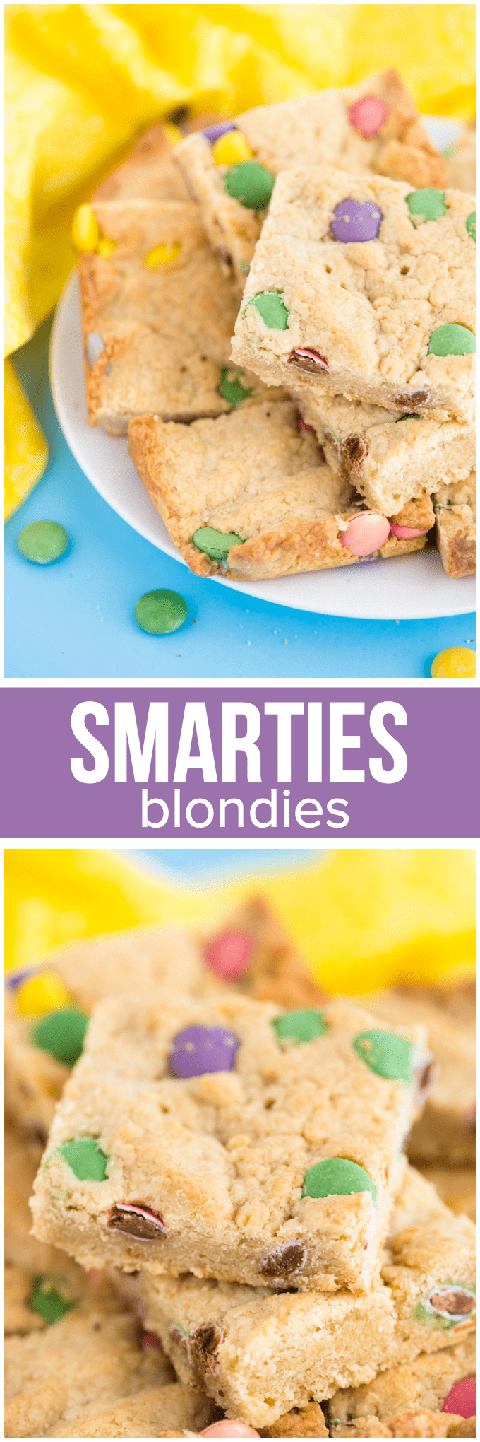 Smarties Blondies - Chewy and sweet bars dotted with delicious candy coated chocolate Smarties. You may want to double the batch because these are gone in a flash!