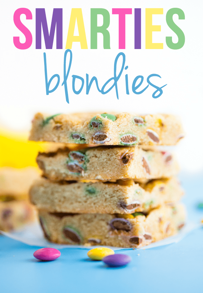 Smarties Blondies - Chewy and sweet bars dotted with delicious candy coated chocolate Smarties. You may want to double the batch because these are gone in a flash!