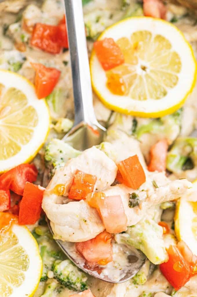 Lemon & Herb Chicken Fettuccine - Your family will love this fresh and healthy springtime meal! Fresh herbs, lemons and chicken in a creamy sauce are served over a bed of fettuccine. Delish!