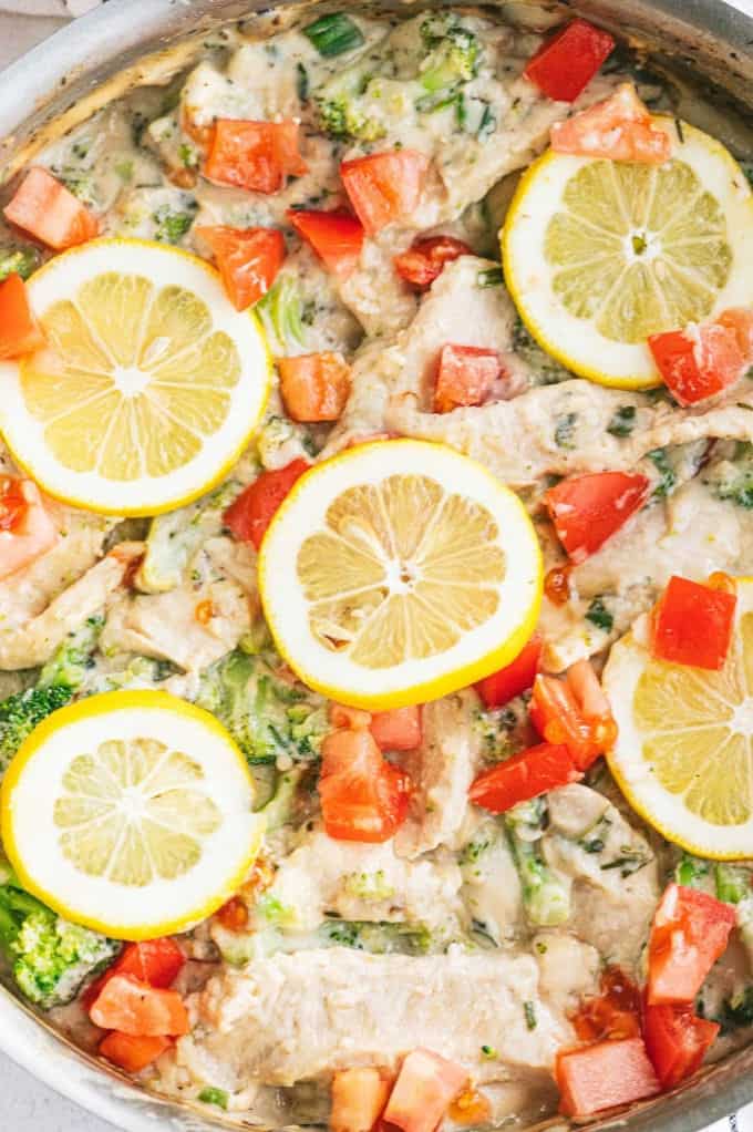 Lemon & Herb Chicken Fettuccine - Your family will love this fresh and healthy springtime meal! Fresh herbs, lemons and chicken in a creamy sauce are served over a bed of fettuccine. Delish!