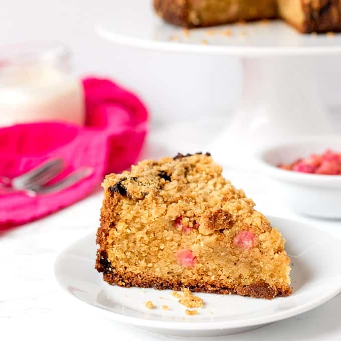 Rhubarb Crumble Cake - A moist and tender cake, dotted with pocket of sharp rhubarb and topped with a brown sugar streusel.
