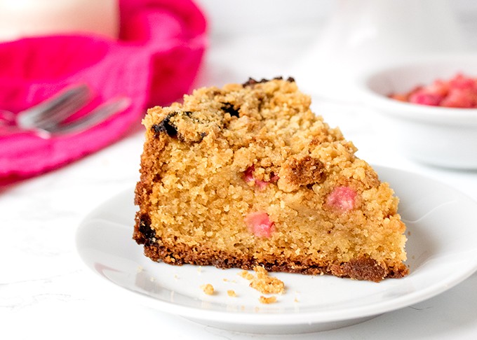 Rhubarb Crumble Cake - A moist and tender cake, dotted with pocket of sharp rhubarb and topped with a brown sugar streusel.