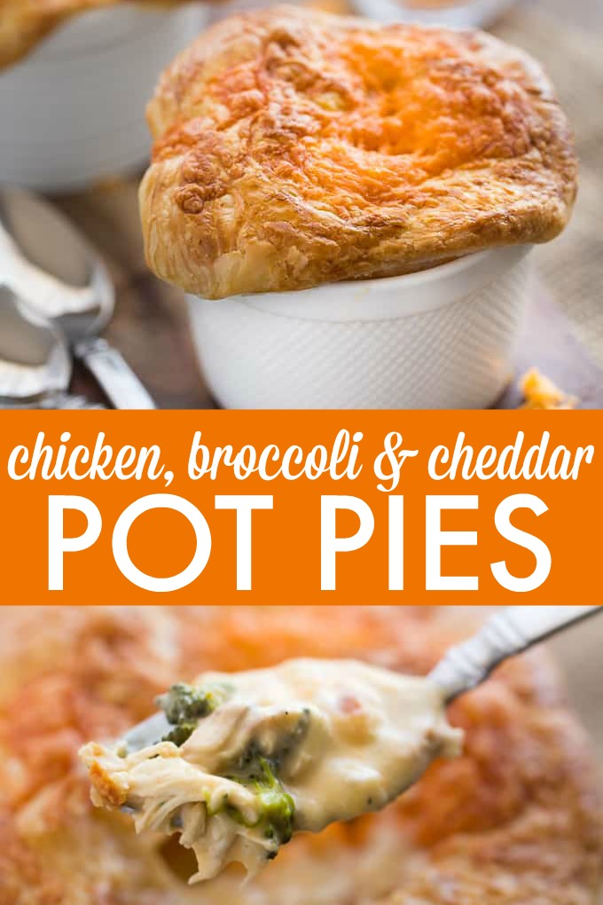 Chicken, Broccoli & Cheddar Pot Pies - Super cheesy and flavourful with a thick, creamy filling of savoury veggies, tender chicken and melted cheese baked in an ovenproof ramekin!