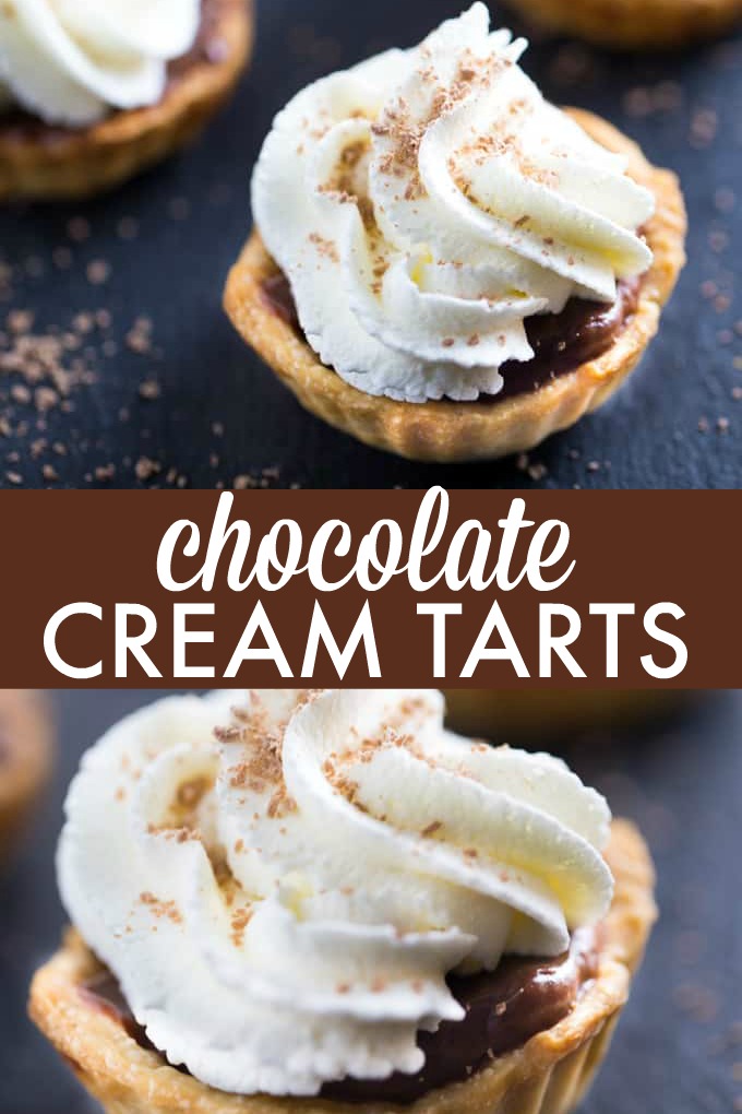 Chocolate Cream Tarts - Bite sized tarts filled with a smooth, rich chocolate filling and topped with sweet whipped cream. I can never stop at just one!