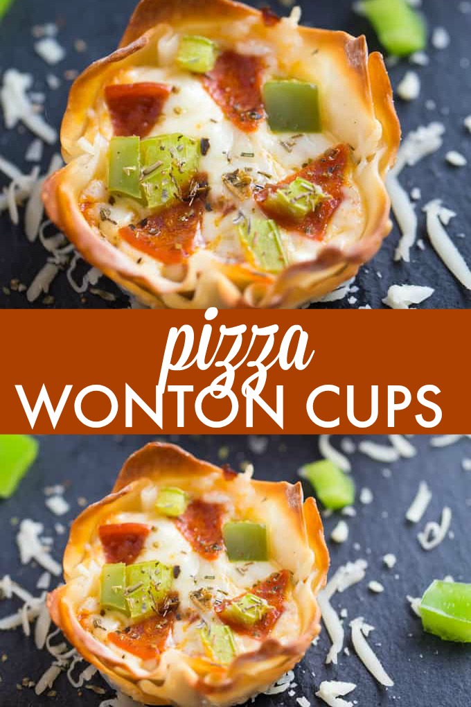 Pizza Wonton Cups - An easy appetizer baked in a crispy wonton shell and full of cheesy pizza goodness. Try them once and they may become an instant family favourite!