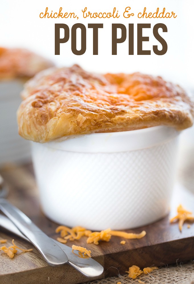Chicken, Broccoli & Cheddar Pot Pies - Super cheesy and flavourful with a thick, creamy filling of savoury veggies, tender chicken and melted cheese baked in an ovenproof ramekin!