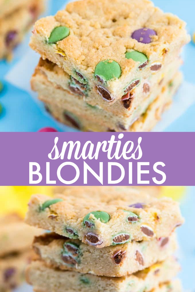 Smarties Blondies - Chewy and sweet bars dotted with delicious candy coated chocolate Smarties. You may want to double the batch because these are gone in a flash!