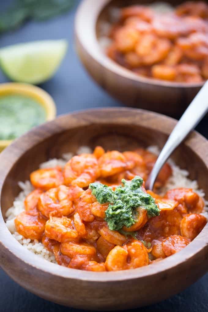 Tandoori Shrimp with Mint Chutney - Bring a taste of India to your kitchen tonight! Make this mild seafood dish full of flavor in less than 20 minutes.