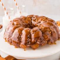 Butterscotch pecan monkey bread on a white platter.