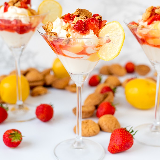 Strawberry lemon fool in martini glasses.