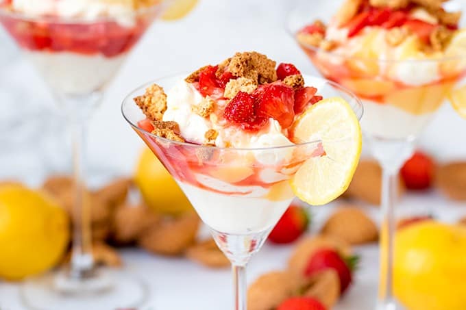 Strawberry lemon fool in a martini glass.