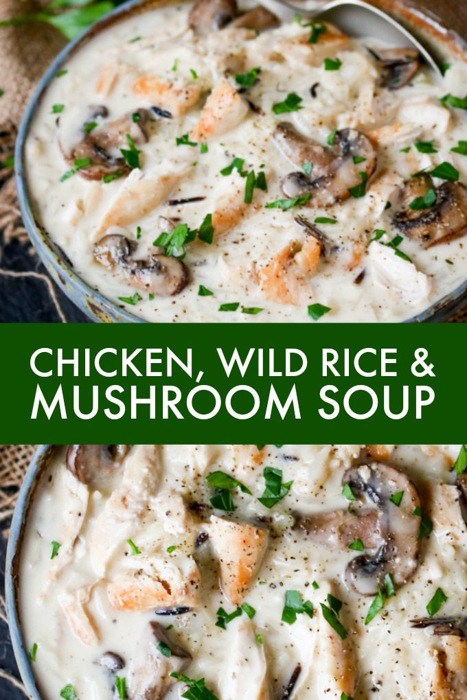 Chicken, Wild Rice & Mushroom Soup - The most comforting creamy soup ever! Savory mushrooms are the perfect veggie for this rich wild rice soup with succulent chicken.