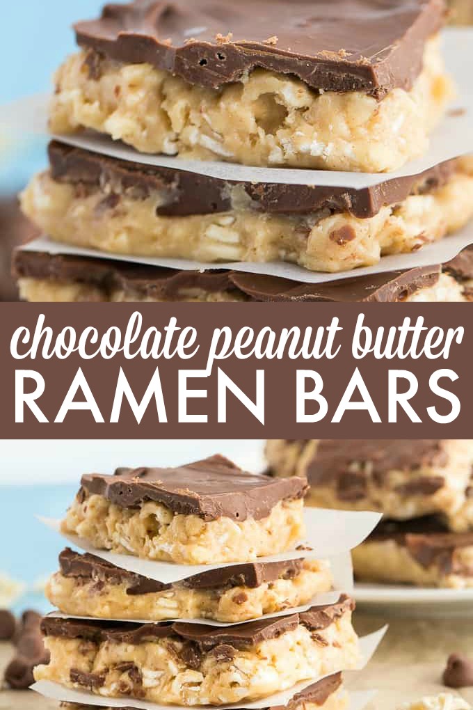 Chocolate Peanut Butter Ramen Bars - Ramen in dessert?! Trust me here. These crunchy no-bake dessert bars are packed with peanut butter and coated in chocolate for a treat your family won't forget.