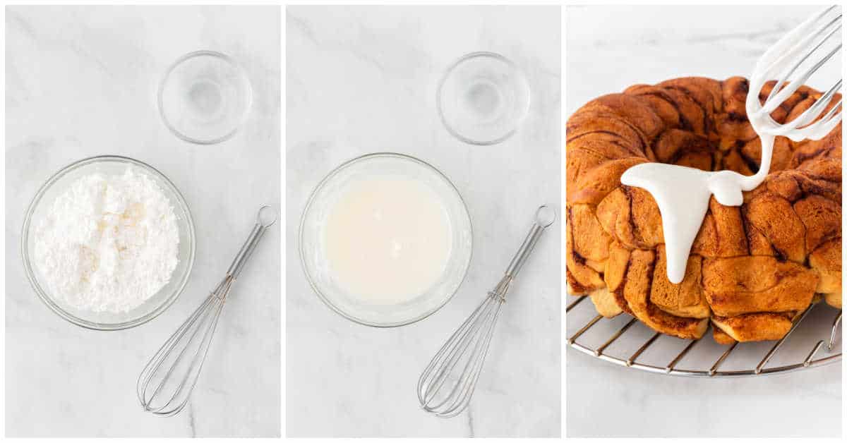 Steps to make cinnamon roll monkey bread glaze.