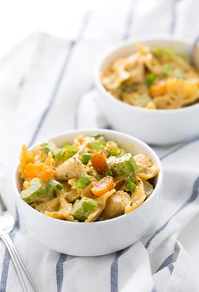 Creamy Curried Chicken Pasta Salad Recipe - Bring some spice to your next cookout. This creamy pasta salad is packed with celery and apricots and smothered in a delicious curry sauce.