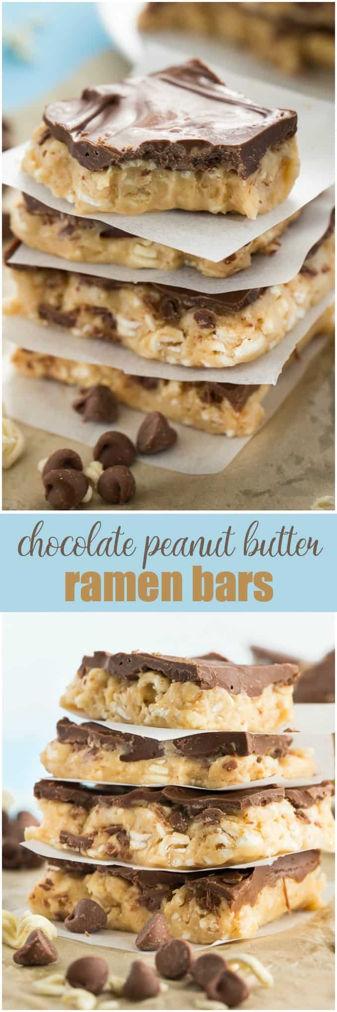 Chocolate Peanut Butter Ramen Bars - Ramen in dessert?! Trust me here. These crunchy no-bake dessert bars are packed with peanut butter and coated in chocolate for a treat your family won't forget.