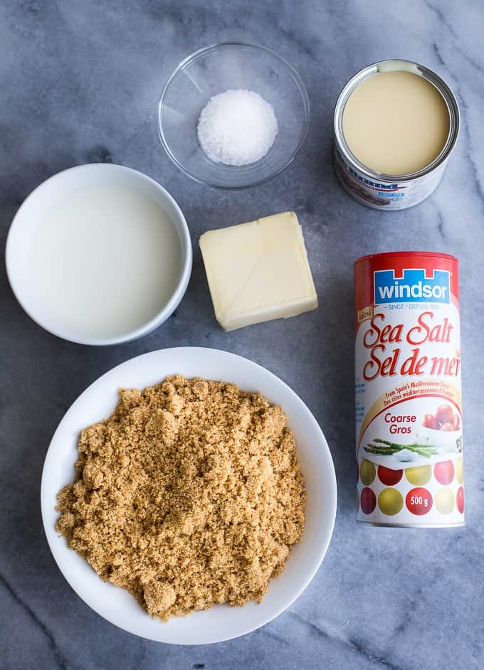 Ingredients to make salted caramel fudge.