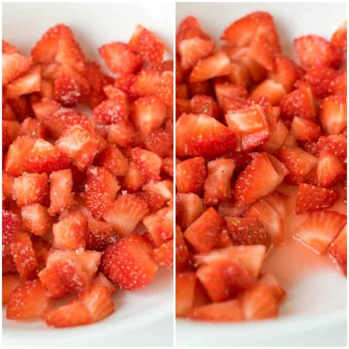 Chopped strawberries on a plate.