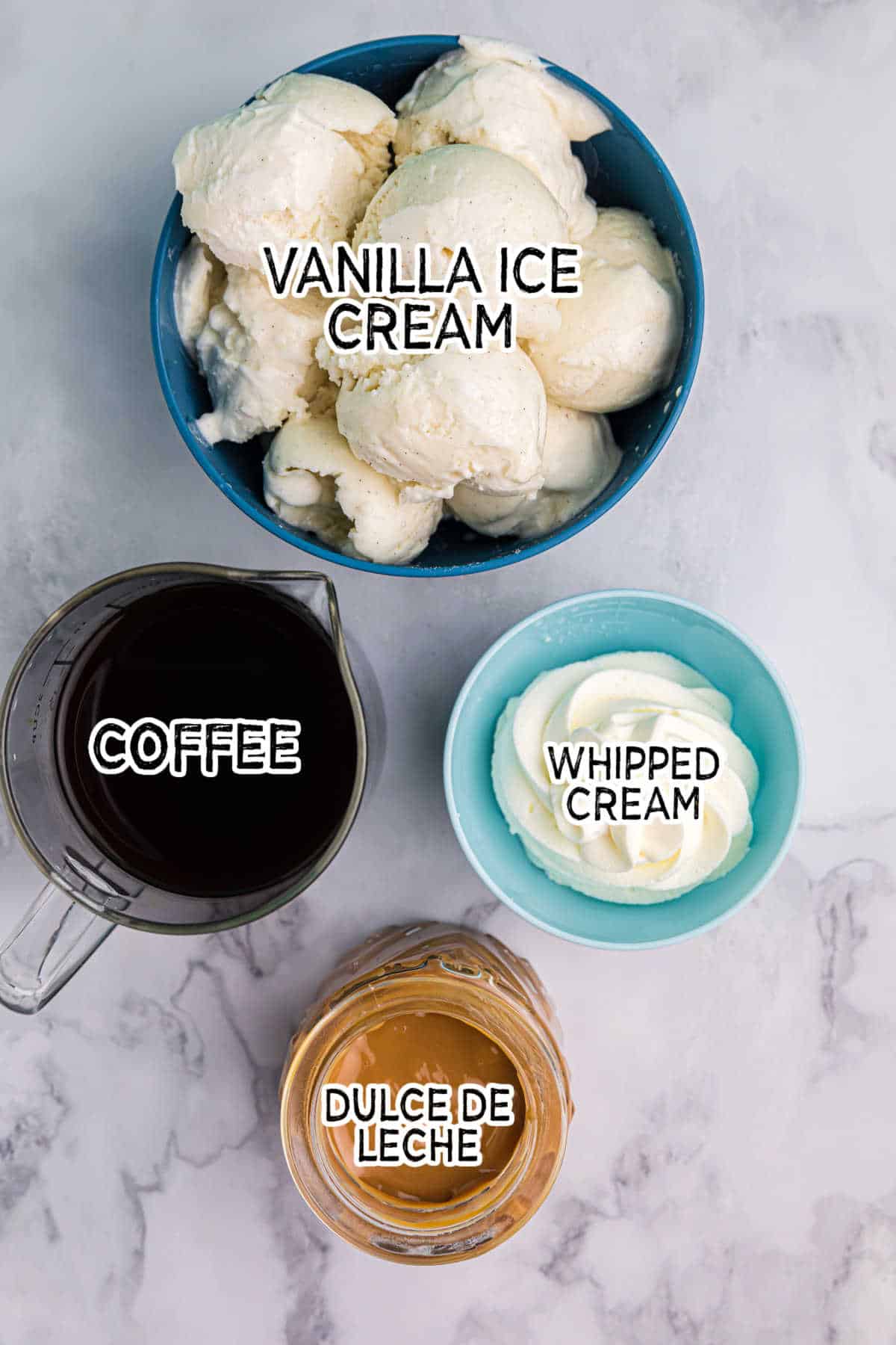 Ingredients to make dulce de leche coffee milkshake.