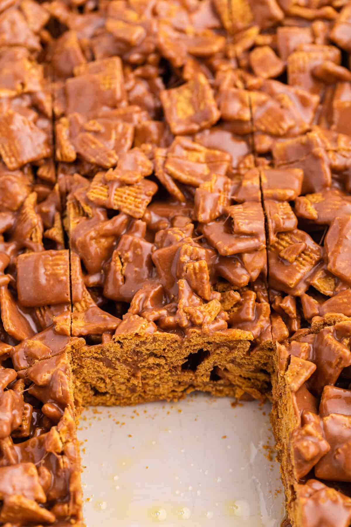 A pan of indoor s'mores with a square cut out of it.