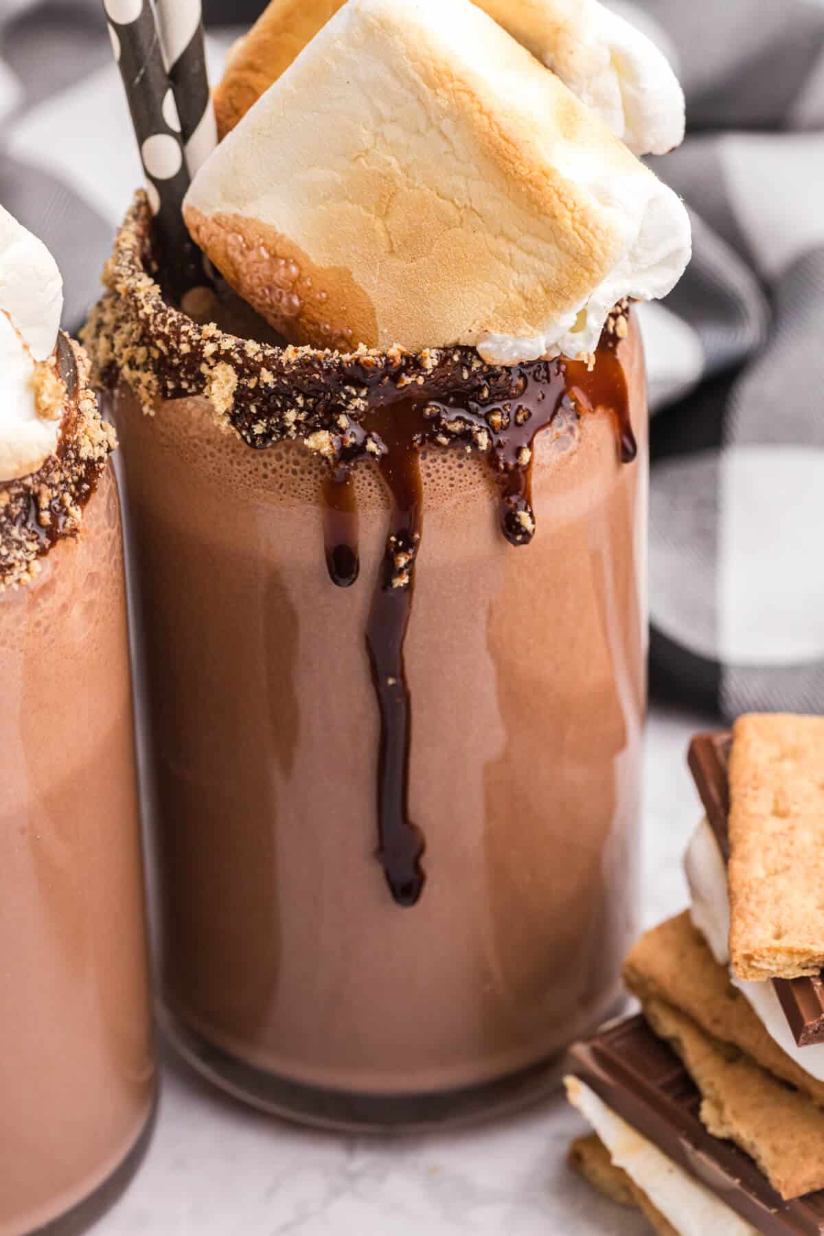 A s'mores coffee milkshake in a glass.