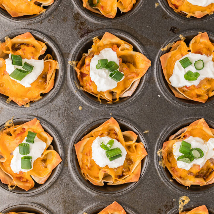 Taco Wonton Cups - Make this yummy appetizer in a muffin tin with wonton wrappers! Top the seasoned taco beef with your favourite fresh toppings and melted cheese and watch these crispy treats disappear in a flash.