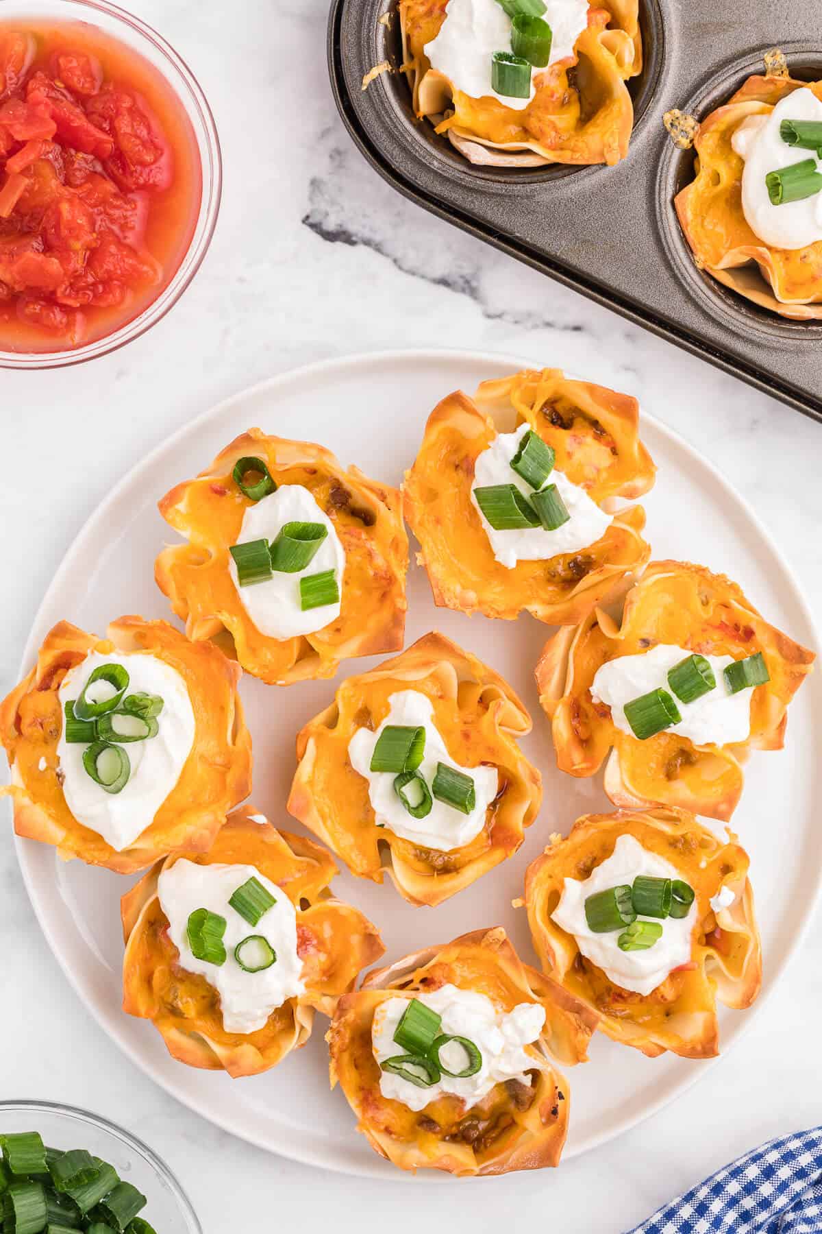 Taco Wonton Cups - Make this yummy appetizer in a muffin tin with wonton wrappers! Top the seasoned taco beef with your favourite fresh toppings and melted cheese and watch these crispy treats disappear in a flash.