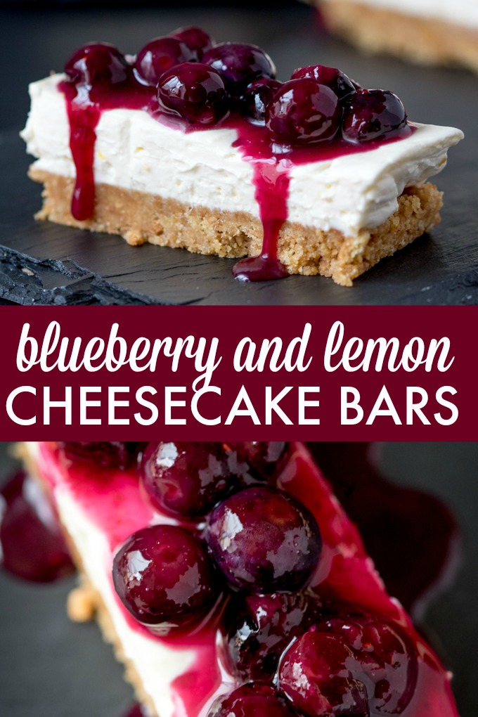 Blueberry & Lemon Cheesecake Bars - Packed full of YUM! Blueberry and lemon cannot be beat when it's paired with luscious cheesecake. Plus, this dessert is no-bake!
