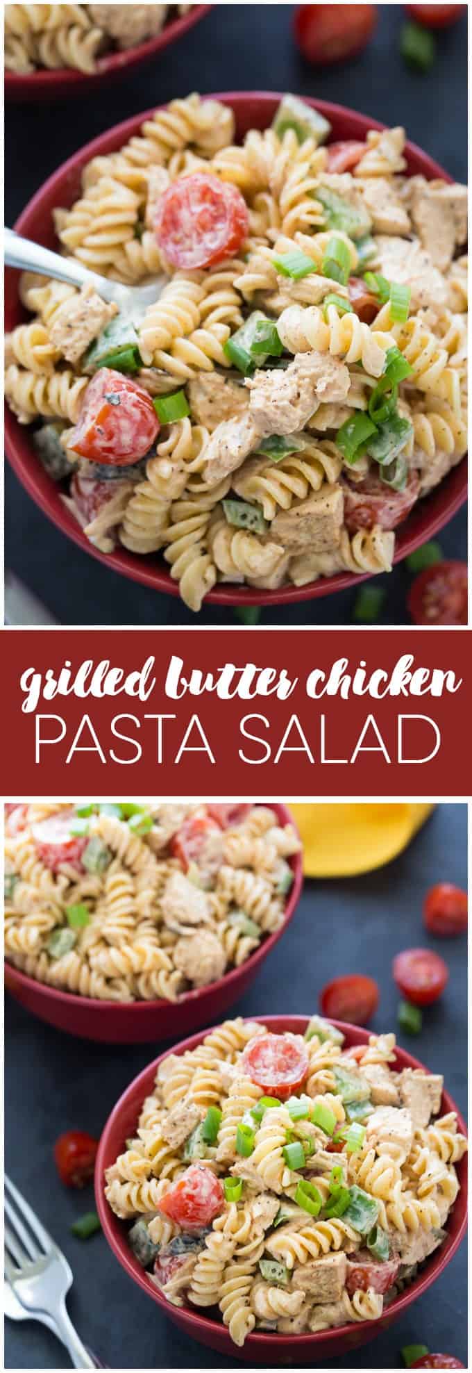 Grilled Butter Chicken Pasta Salad Recipe - Add a little Indian cuisine to your next BBQ! This creamy and mildly spicy salad is a whole meal with juicy chicken pieces in a savory dressing.