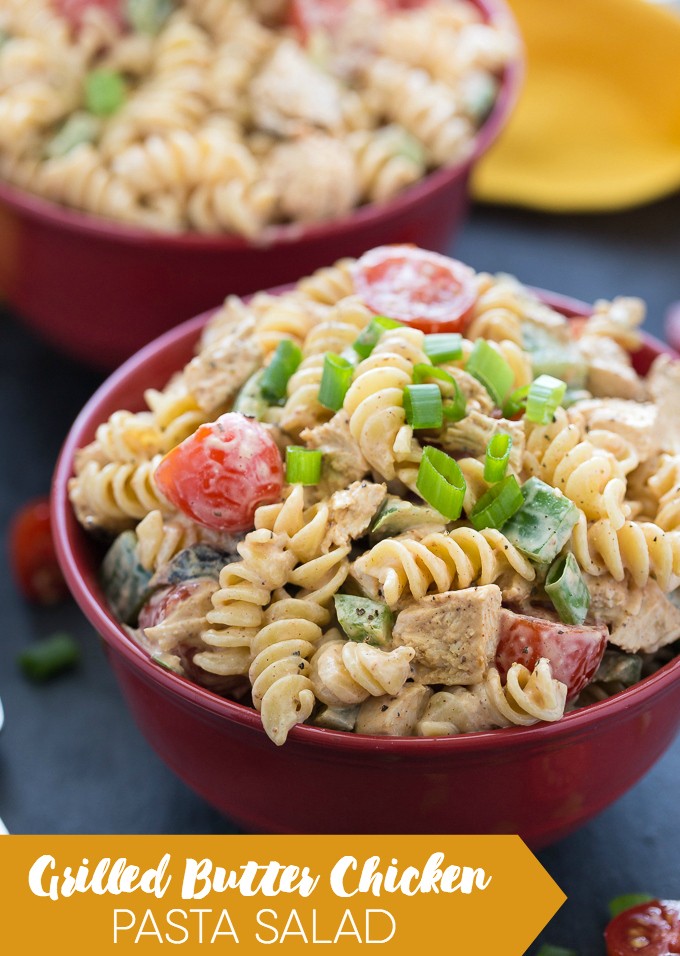 Grilled Butter Chicken Pasta Salad Recipe - Add a little Indian cuisine to your next BBQ! This creamy and mildly spicy salad is a whole meal with juicy chicken pieces in a savory dressing.