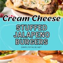Cream cheese stuffed jalapeno burgers pin image.