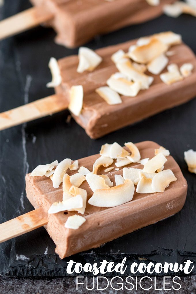 Toasted Coconut Fudgsicles - Get grown-up with these fudgsicles! A topping of toasted coconut makes the chocolate flavors pop.