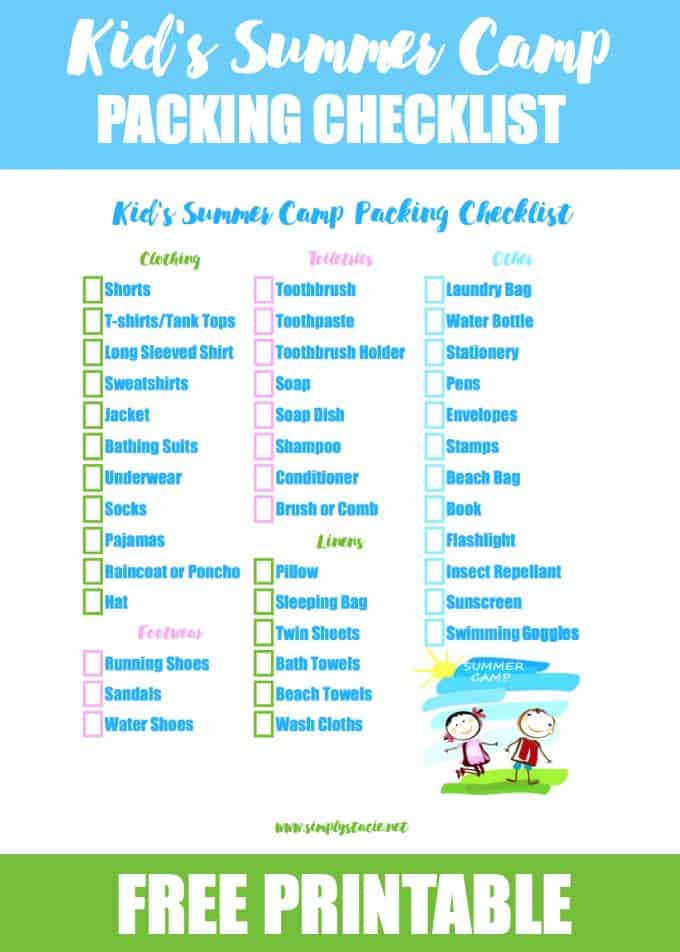 Kid's Summer Camp Packing Checklist - Get ready for summer with this free printable. You'll be more organized and won't forget any necessities.
