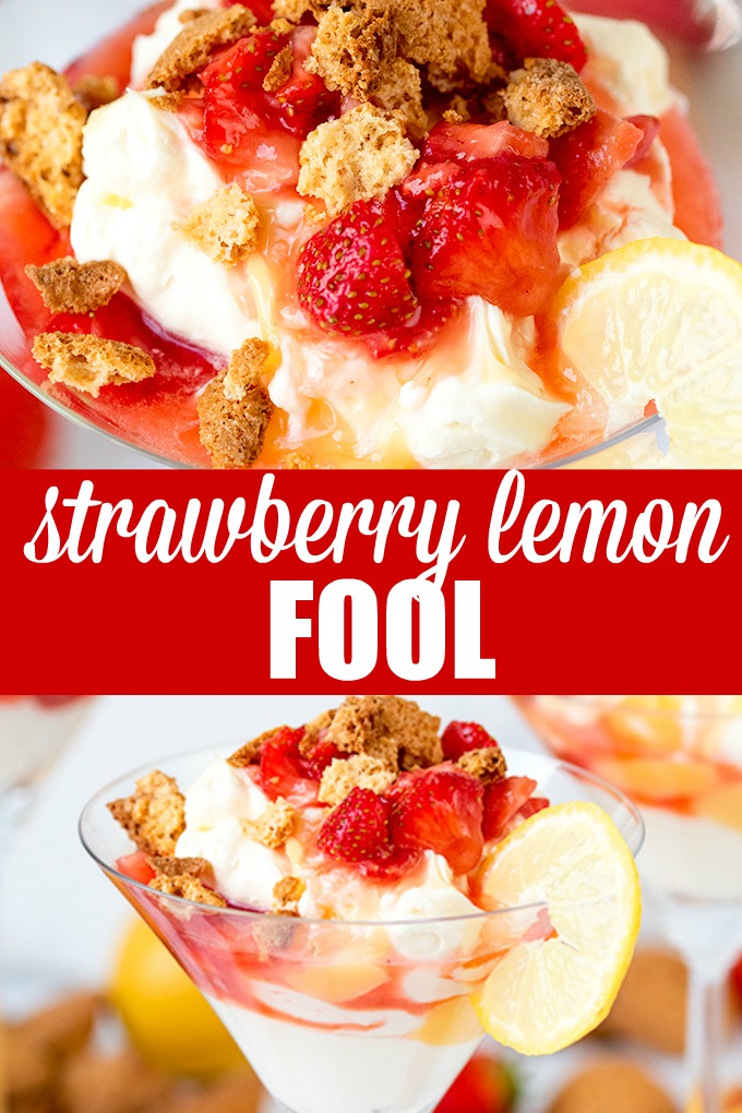 Strawberry Lemon Fool - Perfect for a summer party or BBQ! This luscious dessert is piled high with soft, sweetened whipped cream, dotted with juicy amaretto-spiked strawberries and tangy lemon curd and then topped with crushed amaretto biscuits.