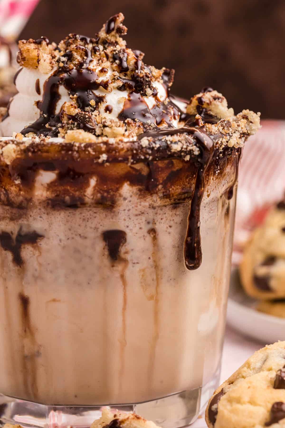 Close up of a chocolate chip cookie coffee milkshake.