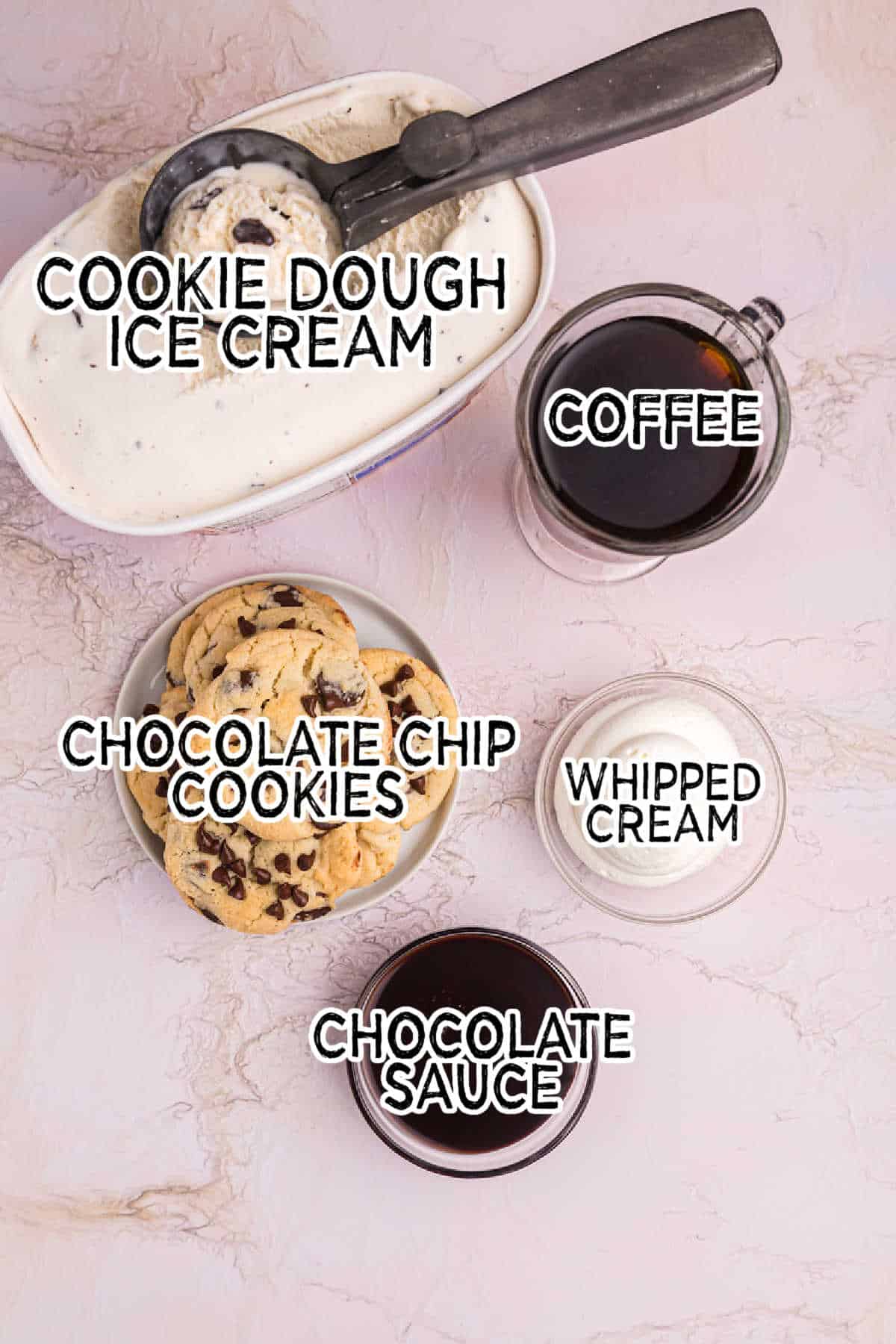 Ingredients to make chocolate chip cookie coffee milkshake.