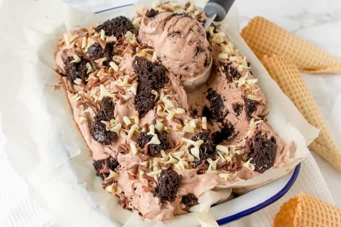 Chocolate cake ice cream with a scoop.