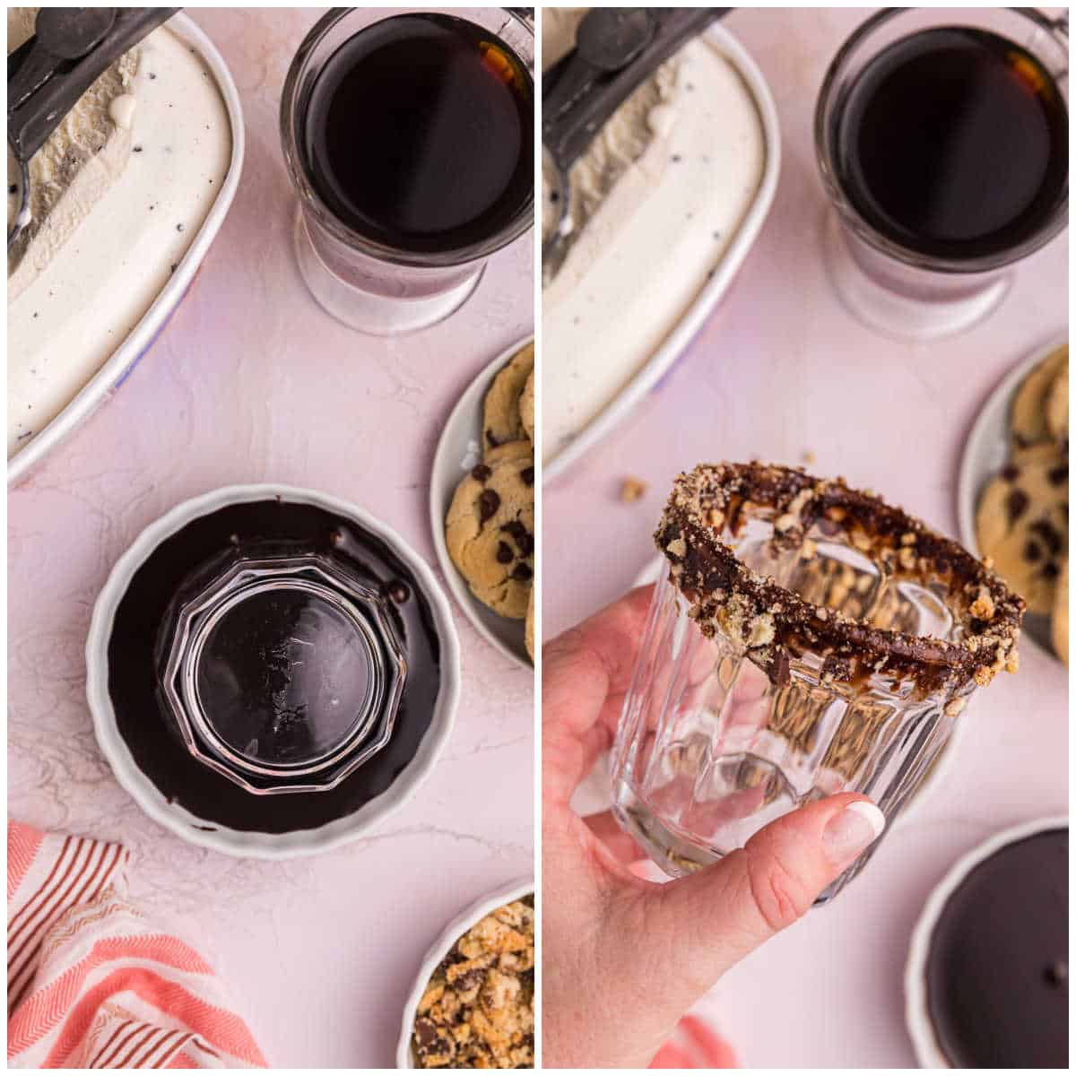Collage of rimming the glass with chocolate sauce.
