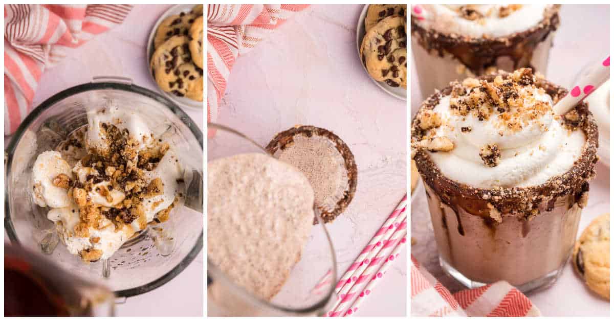 Collage of blending and assembling the recipe.