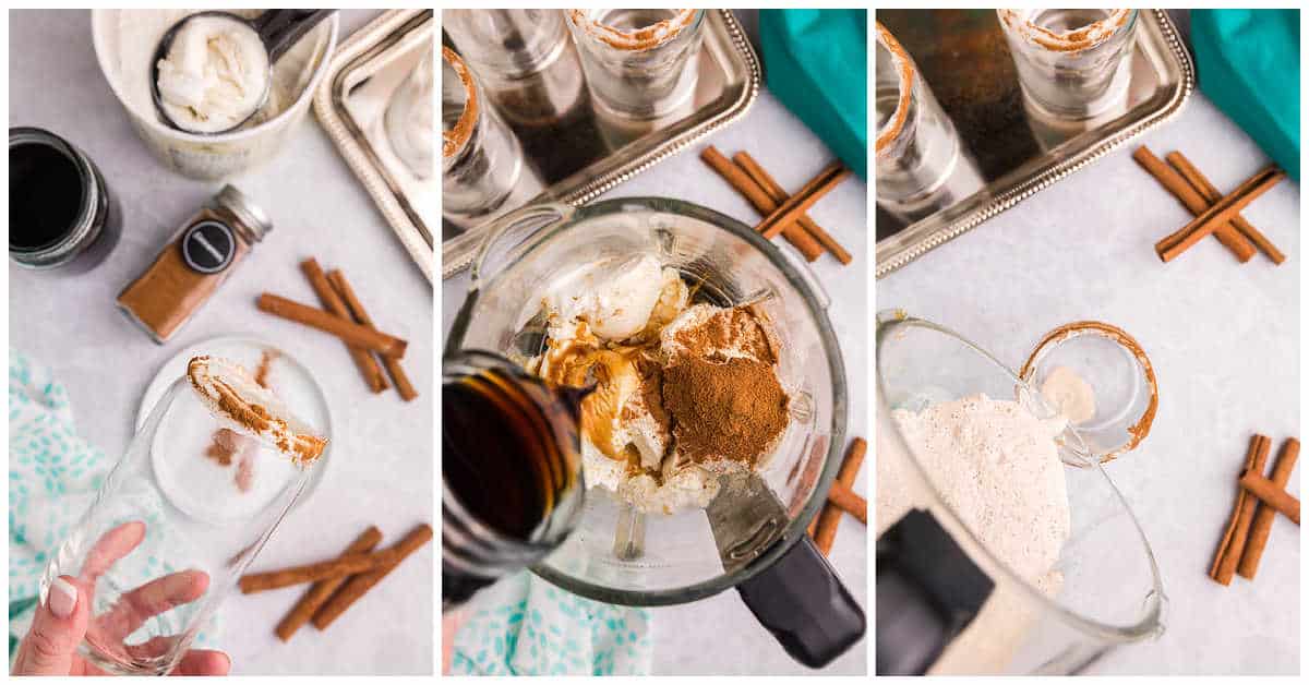 Steps to make a cinnamon roll coffee milkshake.