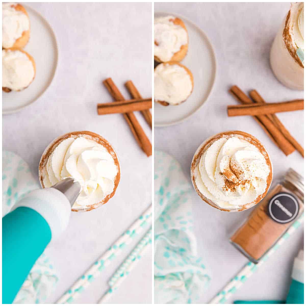 Steps to make a cinnamon roll coffee milkshake.