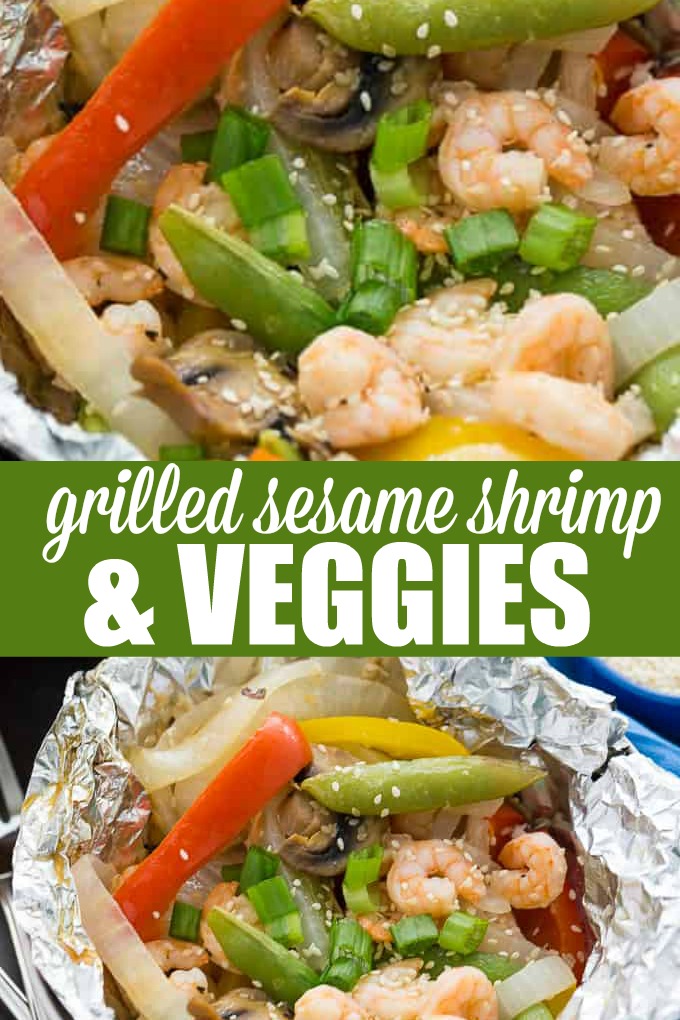 Grilled Sesame Shrimp & Veggies - This summer grilling recipe is a triple whammy - it's easy to prep, simple to cook and fast to clean up afterwards. Your family will love these individual foil packets filled with veggies, shrimp and a mouthwatering sesame sauce. 