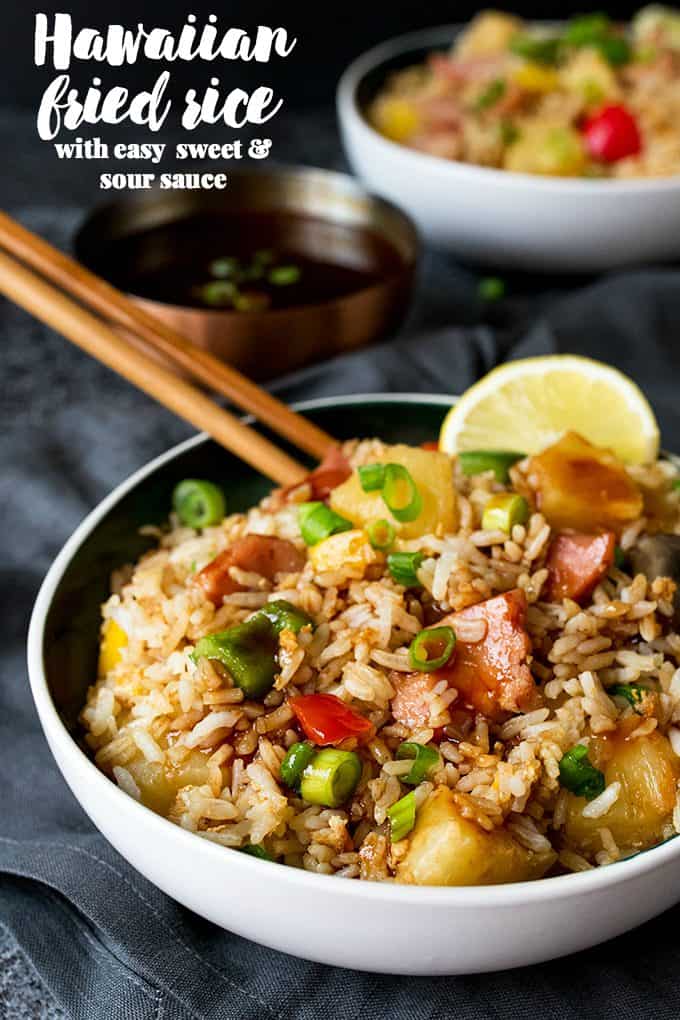 Hawaiian Fried Rice with Easy Sweet and Sour Sauce - Fried rice with pineapple may sound strange, but after you try this recipe, you'll see that it just works! It's made with big chunks of ham and pineapple, veggies and an addicting sweet and sour sauce. 