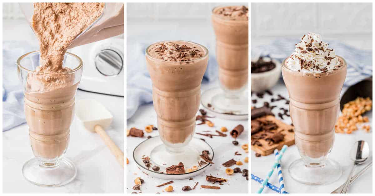 Collage of adding the recipe to a glass.